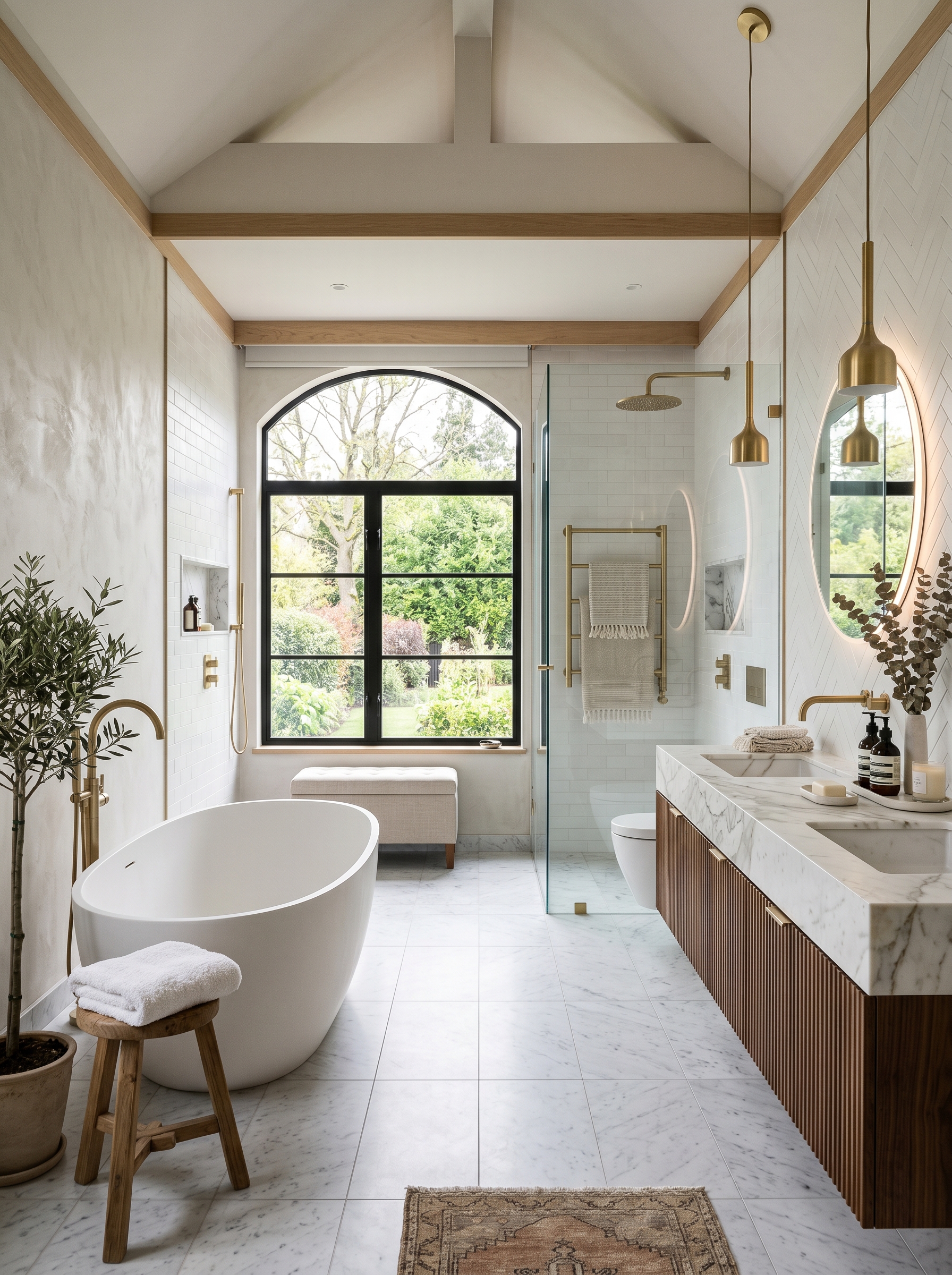 Primary suite bathroom with custom millwork vanity, undermount tub, and herringbone tile wall